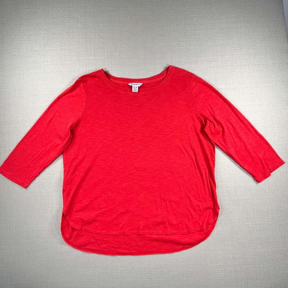 Tommy Bahama T-Shirt Womens XL Red 3/4 Sleeve Slub Cotton High-Low Hem TW211247